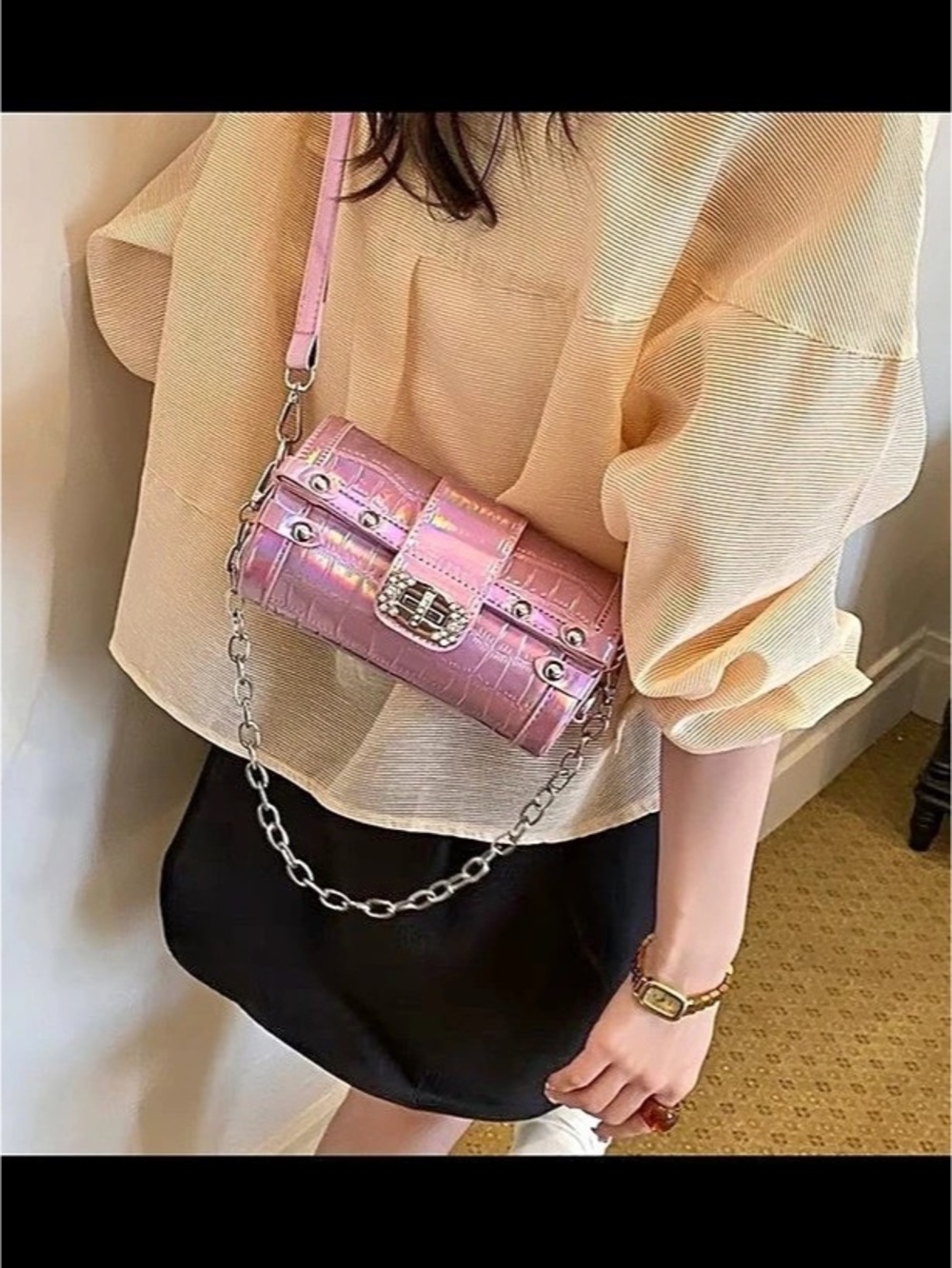 Metallic Shoulder Bag in Pink & Silver